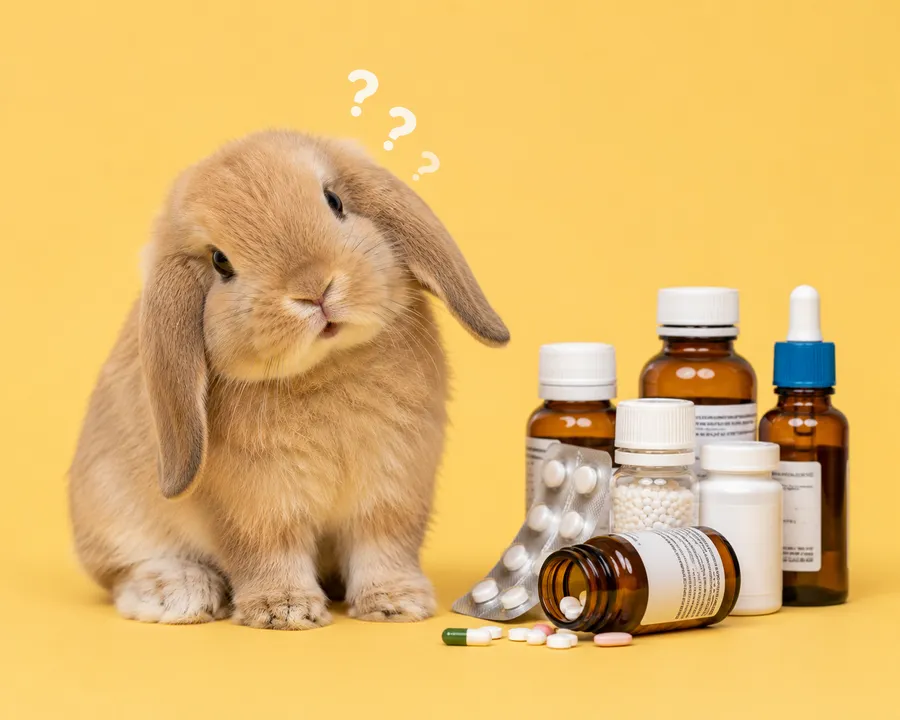 Rabbit sitting beside its medicine bottles